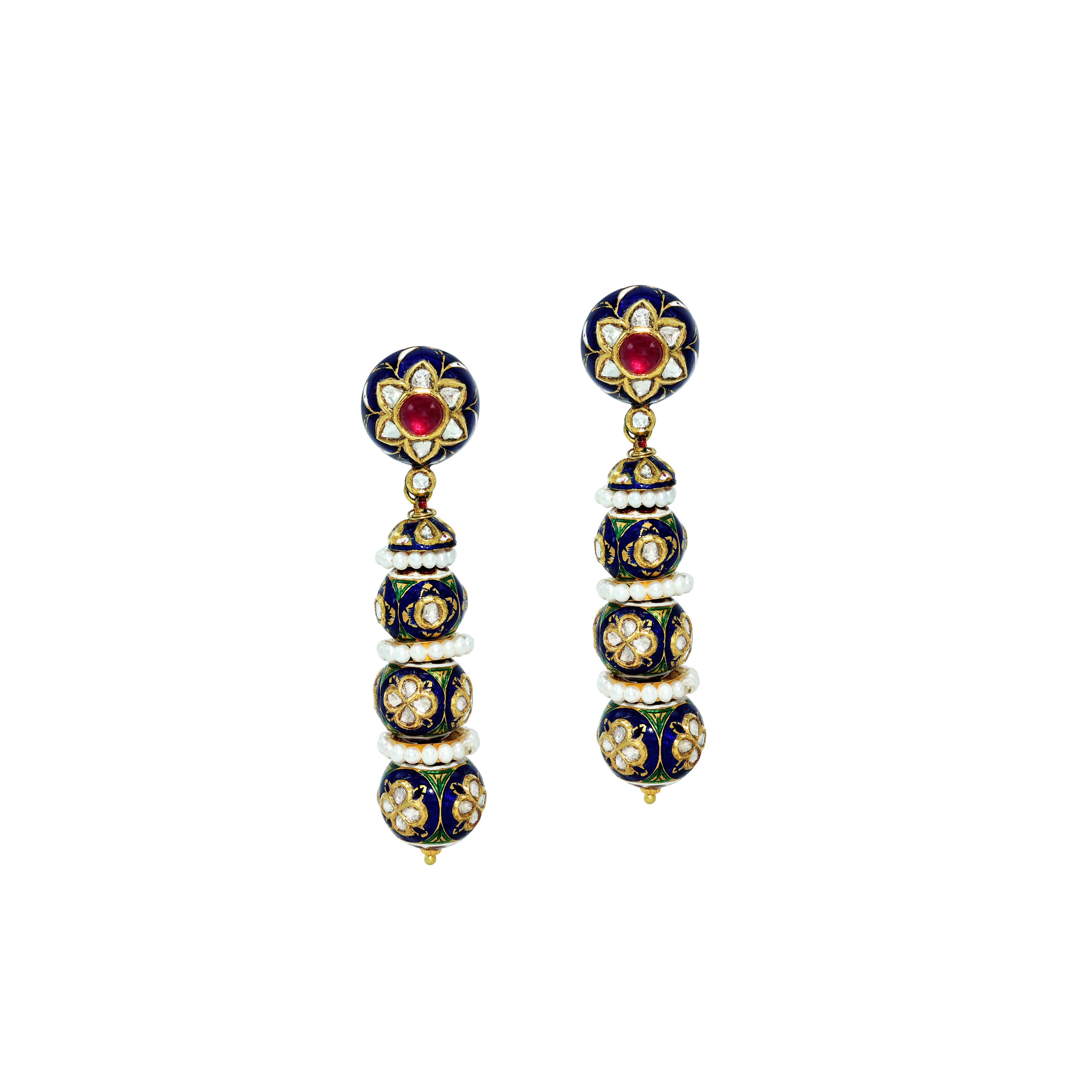 Floral Ruby Stud Earrings with Blue Meenakari and Polki Beads